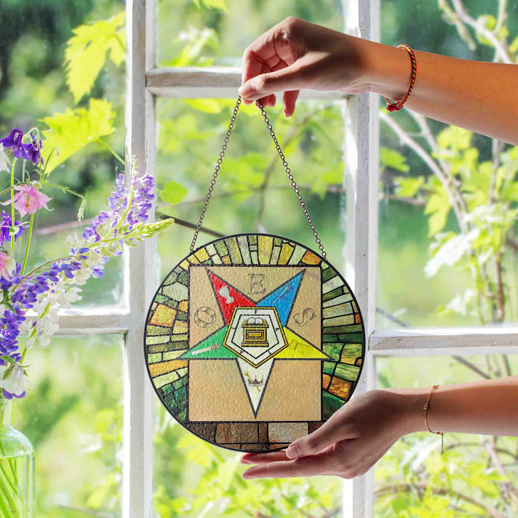 Order Of Eastern Star Wall Tablet OES Symbol Beige Green Glass Suncatcher