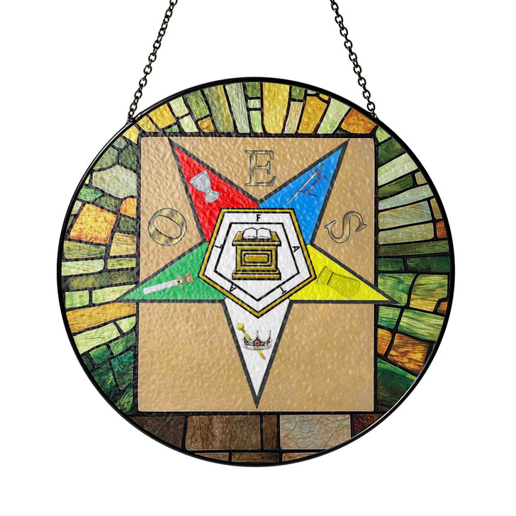 Order Of Eastern Star Wall Tablet OES Symbol Beige Green Glass Suncatcher