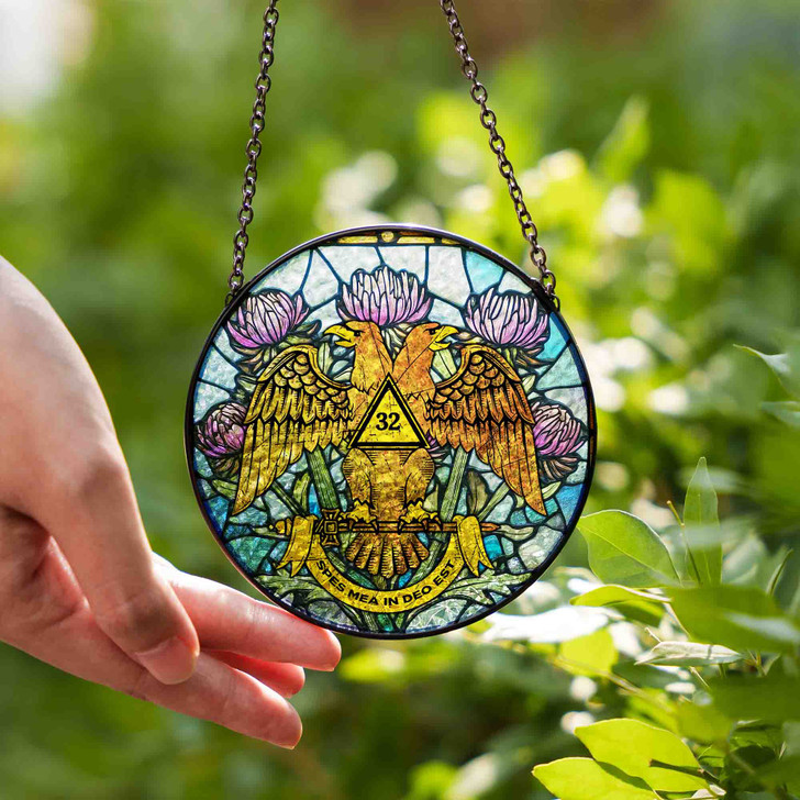 Thistle And Wings Down Rite Of Scottish 32 Degree Of Freemasonry Brown Blue Purple Stained Glass Suncatcher