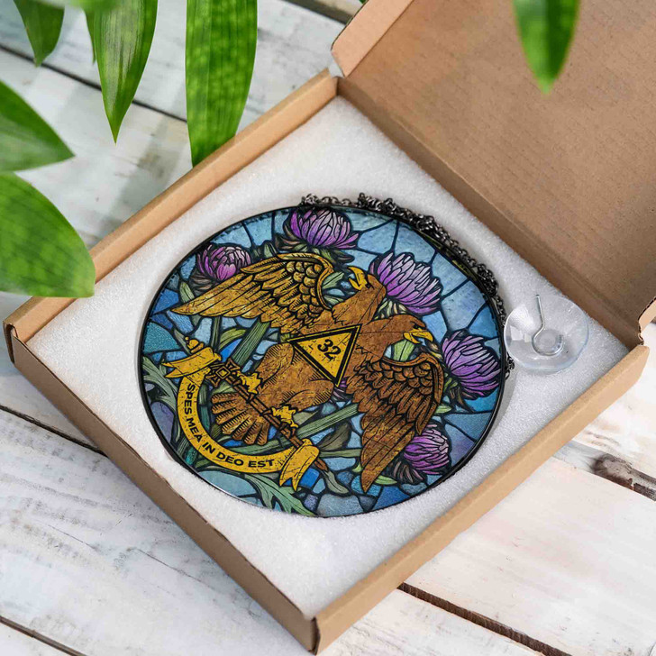 Thistle And Wings Down Rite Of Scottish 32 Degree Of Freemasonry Brown Blue Purple Stained Glass Suncatcher