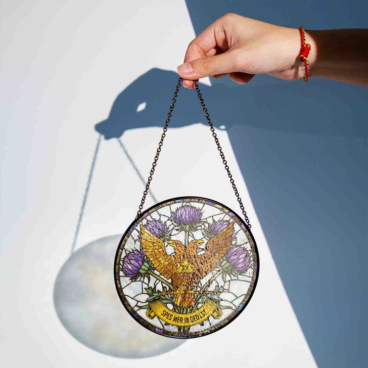 Thistle And Wings Up Rite Of Scottish 32 Degree Of Freemasonry Brown White Purple Stained Glass Suncatcher