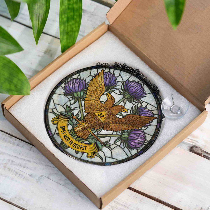 Thistle And Wings Up Rite Of Scottish 32 Degree Of Freemasonry Brown White Purple Stained Glass Suncatcher