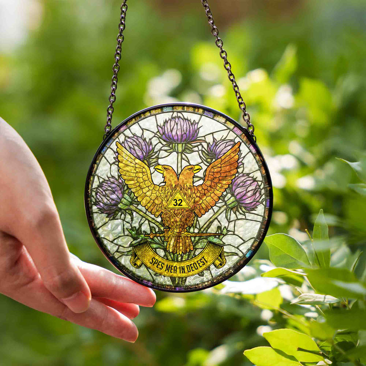 Thistle And Wings Up Rite Of Scottish 32 Degree Of Freemasonry Brown White Purple Stained Glass Suncatcher