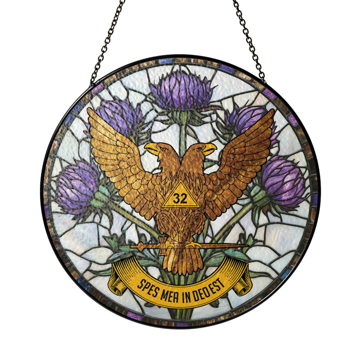 Thistle And Wings Up Rite Of Scottish 32 Degree Of Freemasonry Brown White Purple Stained Glass Suncatcher