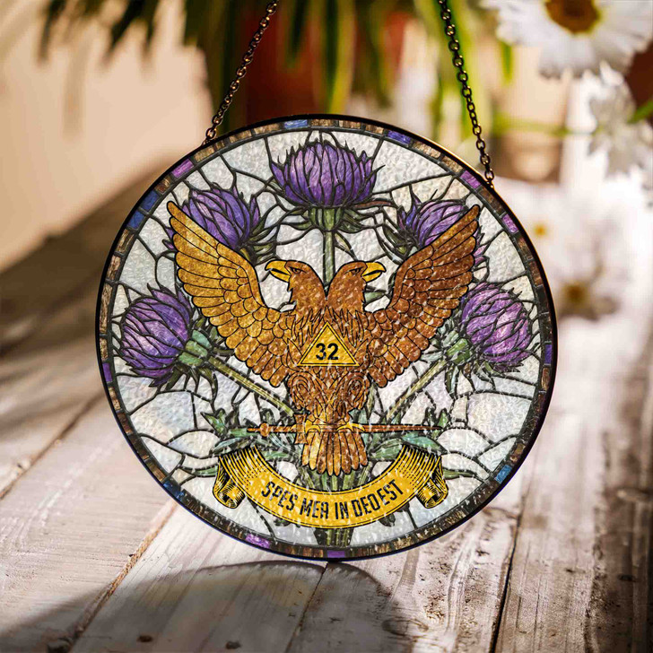 Thistle And Wings Up Rite Of Scottish 32 Degree Of Freemasonry Brown White Purple Stained Glass Suncatcher