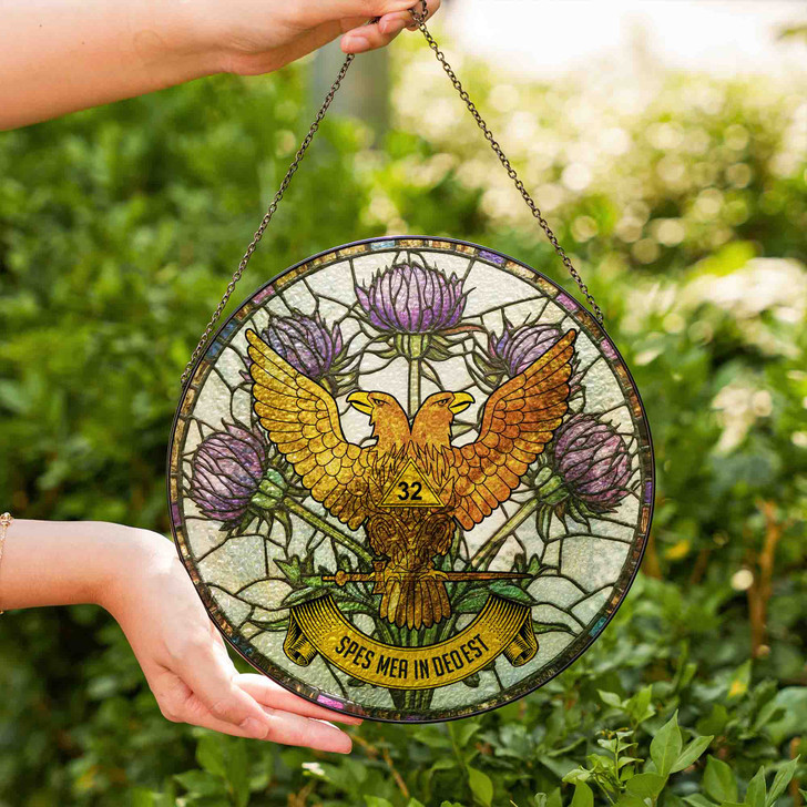 Thistle And Wings Up Rite Of Scottish 32 Degree Of Freemasonry Brown White Purple Stained Glass Suncatcher