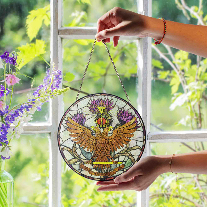Thistle And Wings Up Rite Of Scottish 33 Degree Of Freemasonry Brown White Purple Stained Glass Suncatcher
