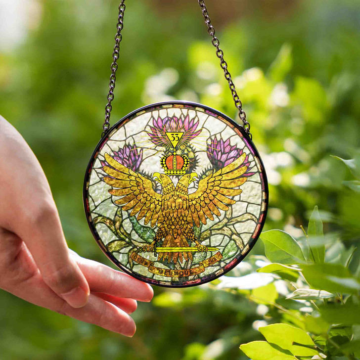 Thistle And Wings Up Rite Of Scottish 33 Degree Of Freemasonry Brown White Purple Stained Glass Suncatcher