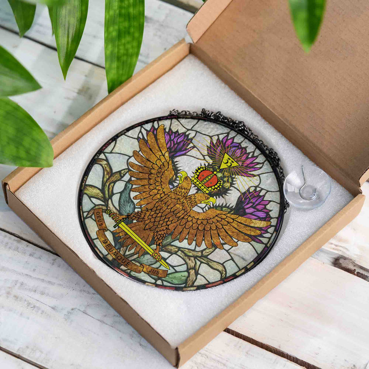 Thistle And Wings Up Rite Of Scottish 33 Degree Of Freemasonry Brown White Purple Stained Glass Suncatcher