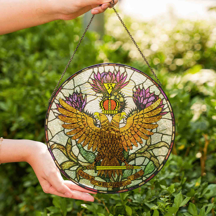Thistle And Wings Up Rite Of Scottish 33 Degree Of Freemasonry Brown White Purple Stained Glass Suncatcher