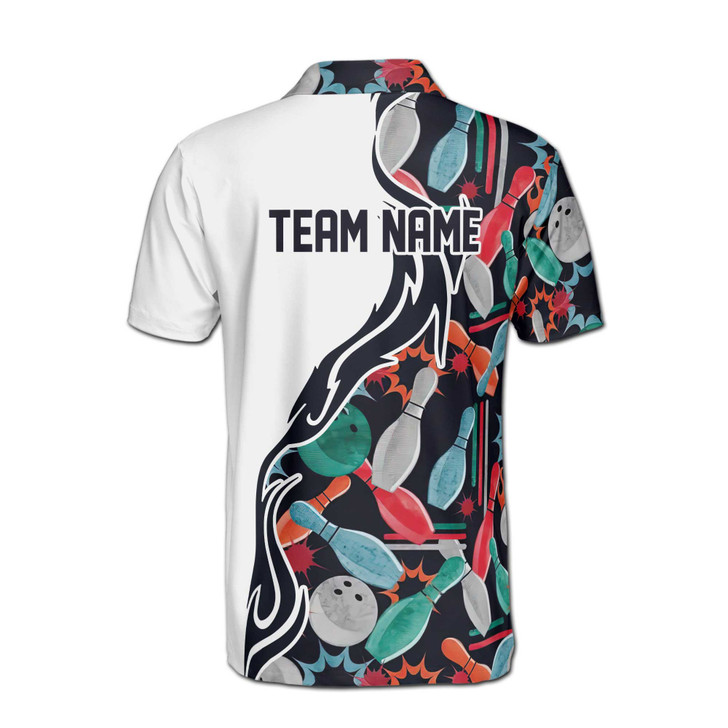 Custom Name Bowling Ball Pin Wings Colorful White 3D Men's Polo Shirt S-5XL