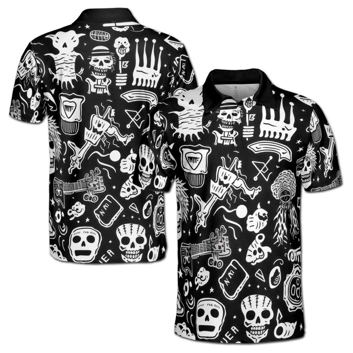 Funny Skull Punk Stuff Black White 3D Polo Shirt Size S-5XL