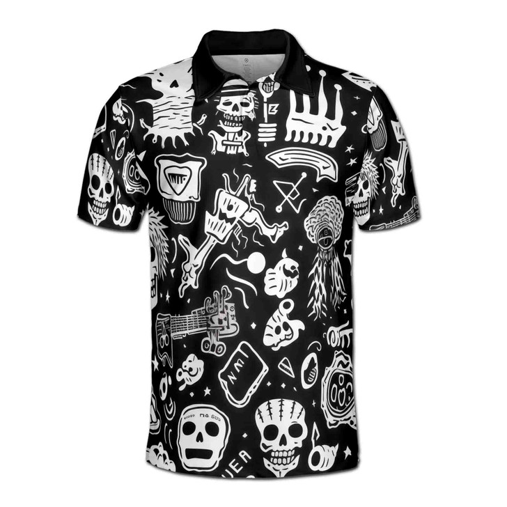 Funny Skull Punk Stuff Black White 3D Polo Shirt Size S-5XL