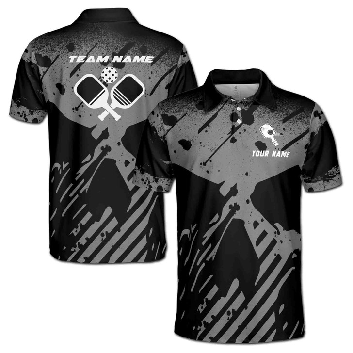 Customize Name Pickleball Paddle Skull Grunge Black 3D Men's Polo Shirt S-5XL