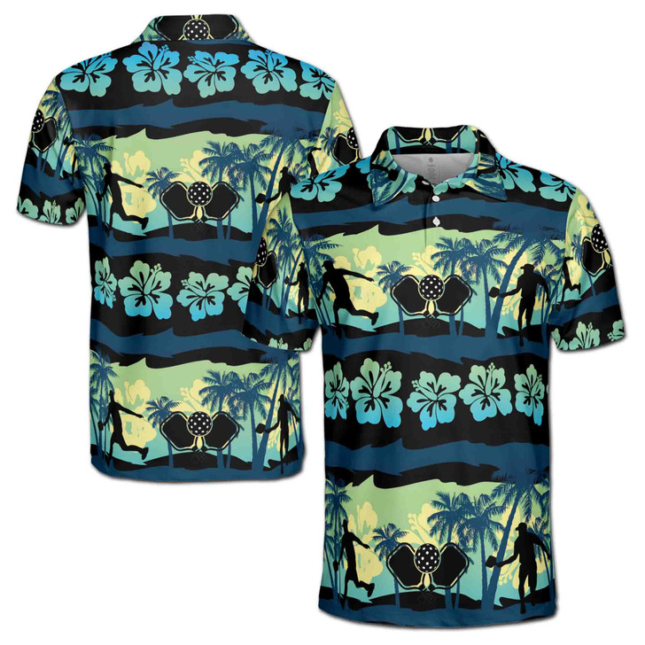 Pickleball Paddle Players Tropical Pattern Black Blue 3D Men's Polo Shirt S-5XL