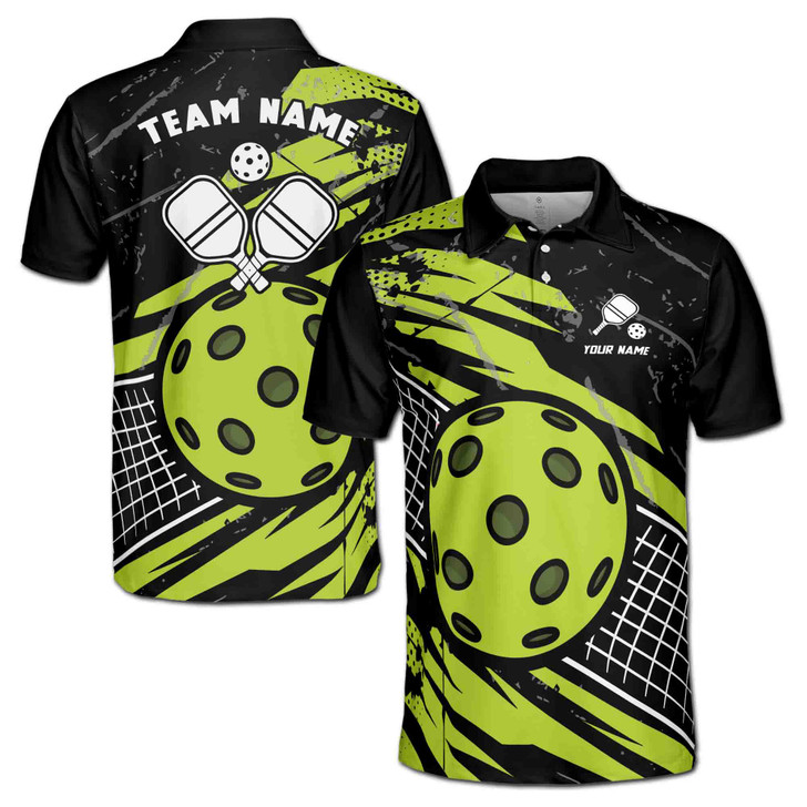 Customize Name Pickleball Paddle Net Black Lime 3D Men's Polo Shirt S-5XL
