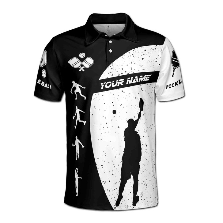 Custom Name Pickleball Paddle Player Poses Black White 3D Men's Polo Shirt S-5XL