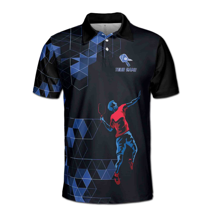 Custom Name Pickleball Player Geometric Black Blue 3D Men's Polo Shirt S-5XL
