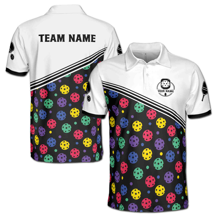 Custom Name Pickleball Colorful Balls White Black 3D Men's Polo Shirt S-5XL