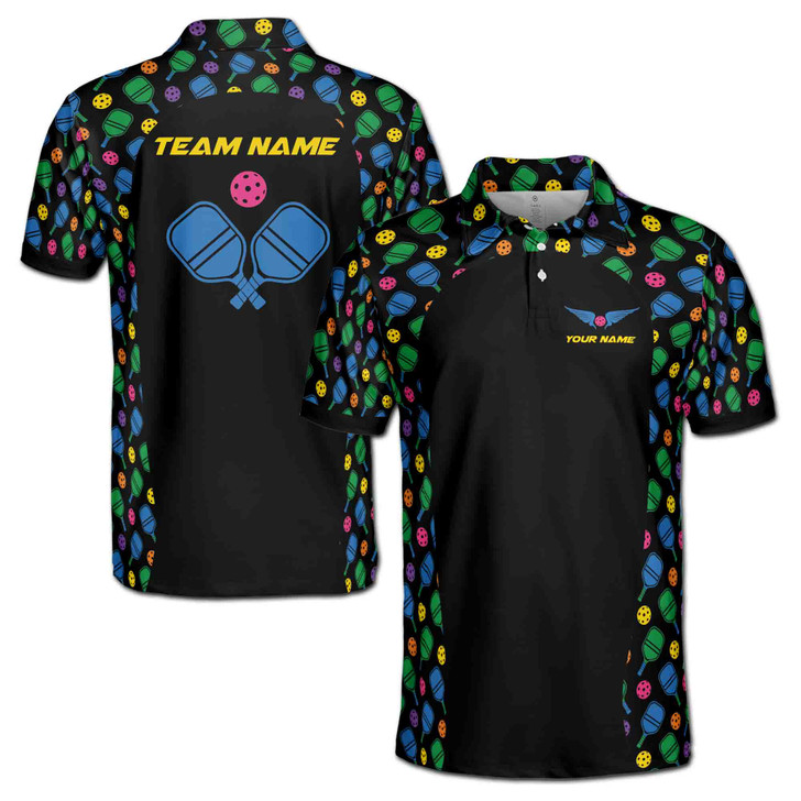 Custom Name Pickleball Wings Colorful Paddle Black 3D Men's Polo Shirt S-5XL