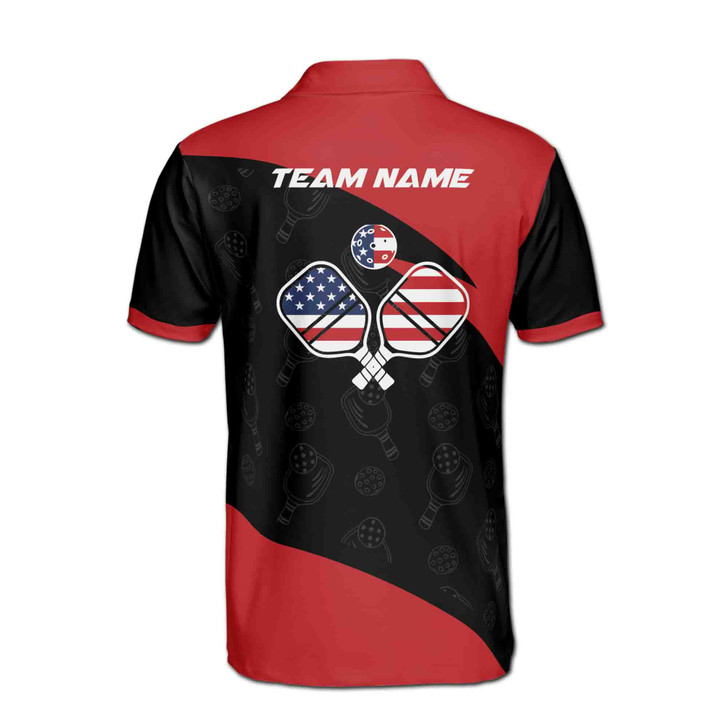 Custom Name Pickleball Paddle USA Flag Black Red 3D Men's Polo Shirt S-5XL