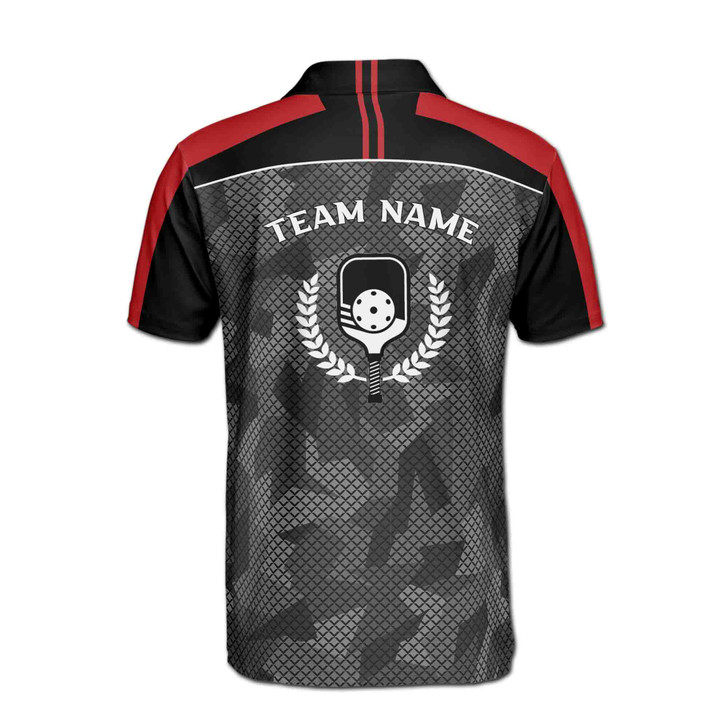 Custom Name Pickleball Camo Wreath Black Gray Red 3D Men's Polo Shirt S-5XL