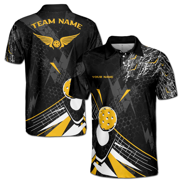 Custom Name Pickleball Paddle Wings Net Grunge Black 3D Men's Polo Shirt S-5XL
