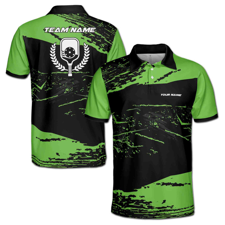 Custom Name Pickleball Olive Wreath Grunge Black Green 3D Men's Polo Shirt S-5XL