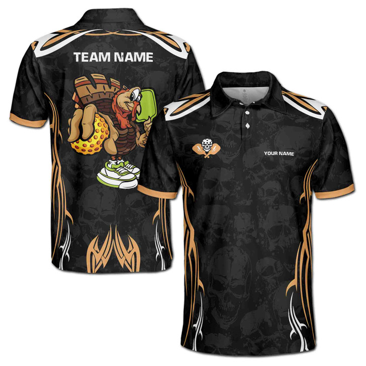 Custom Name Pickleball Turkey Player Skull Black 3D Men's Polo Shirt S-5XL