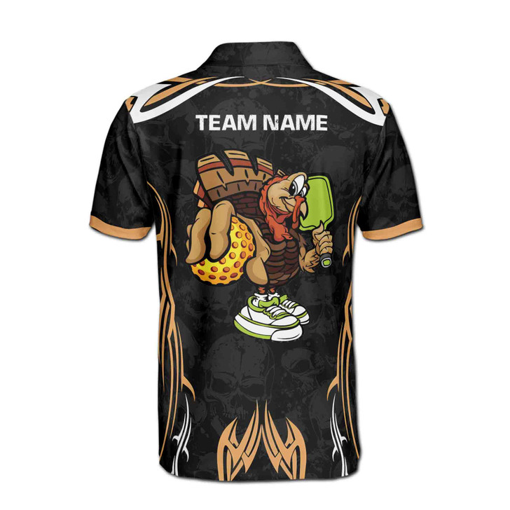 Custom Name Pickleball Turkey Player Skull Black 3D Men's Polo Shirt S-5XL