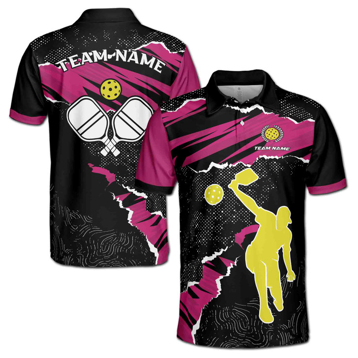 Custom Name Pickleball Player Wreath Black Magenta 3D Men's Polo Shirt S-5XL