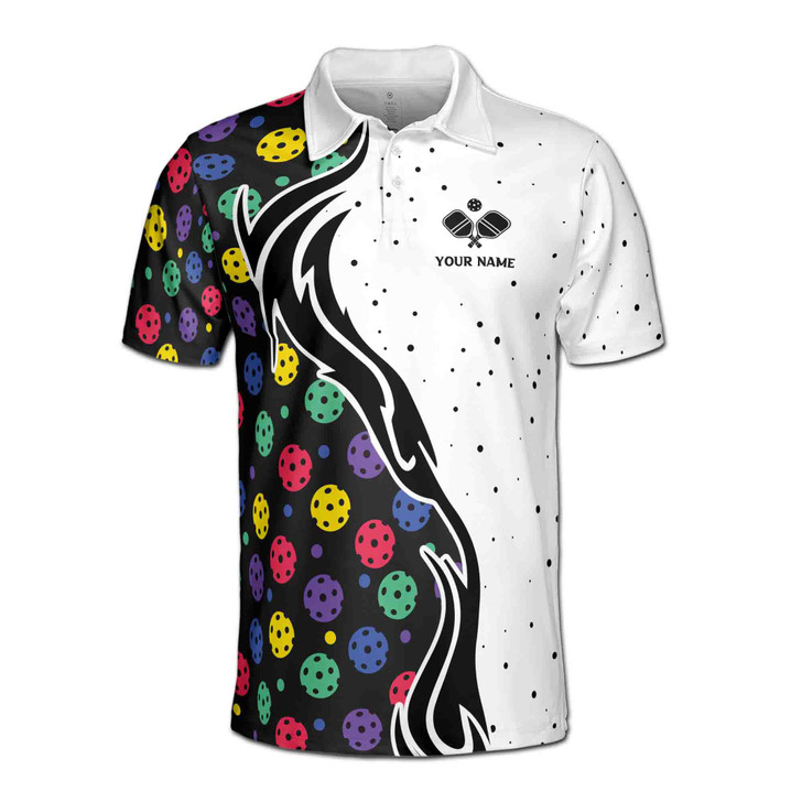 Custom Name Pickleball Colorful Balls Dots White Black 3D Men's Polo Shirt S-5XL