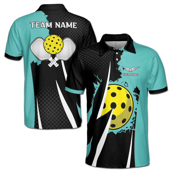 Custom Name Pickleball Paddle Wings Black Cyan 3D Men's Polo Shirt S-5XL