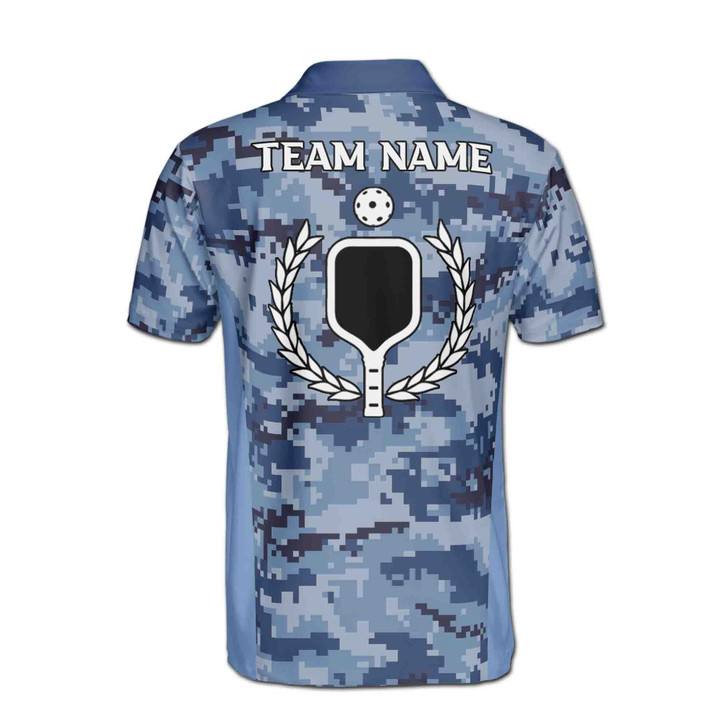 Custom Name Pickleball Paddle Wreath Pixel Camo Blue 3D Men's Polo Shirt S-5XL