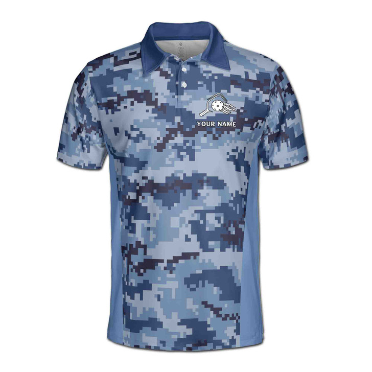 Custom Name Pickleball Paddle Wreath Pixel Camo Blue 3D Men's Polo Shirt S-5XL