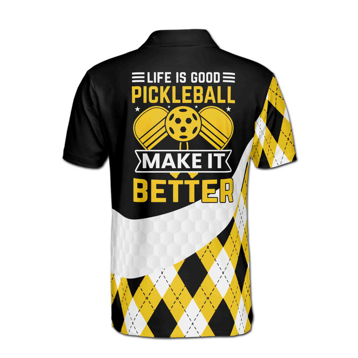 Custom Name Pickleball Life Is Good Black White Yellow 3D Men's Polo Shirt S-5XL