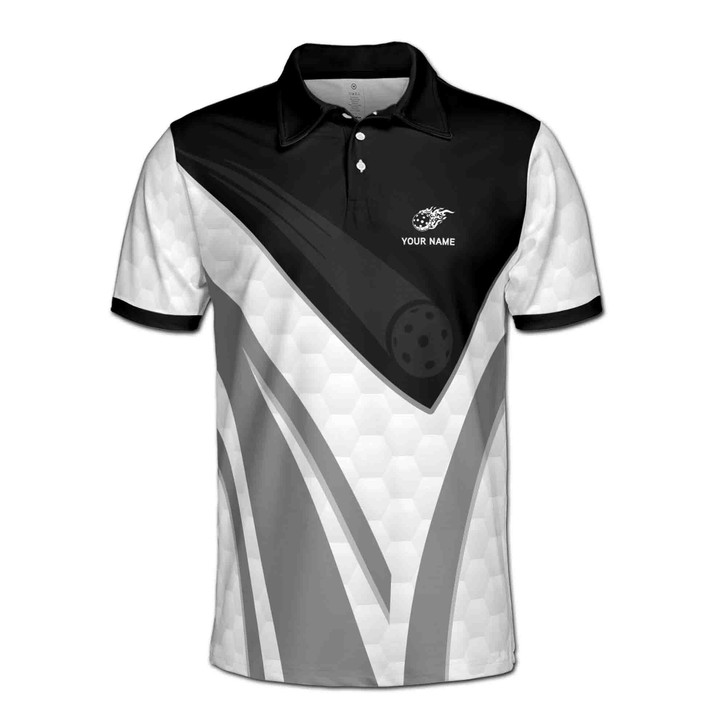 Custom Name Pickleball Paddle Flaming Black White 3D Men's Polo Shirt S-5XL