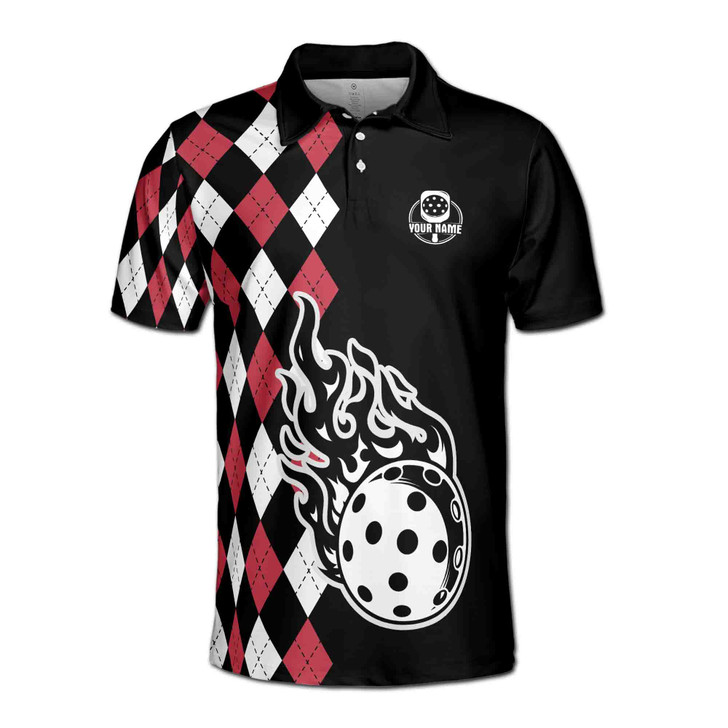 Custom Name Pickleball Paddle Flaming Black White Red 3D Men's Polo Shirt S-5XL