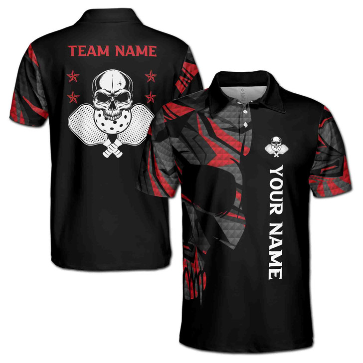 Custom Name Pickleball Paddle Skull Black 3D Men's Polo Shirt S-5XL
