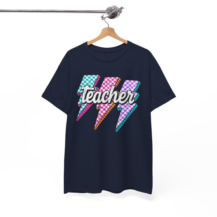Retro Neon Teacher Checkered Back To School Shirt Adult T Shirt S-5XL
