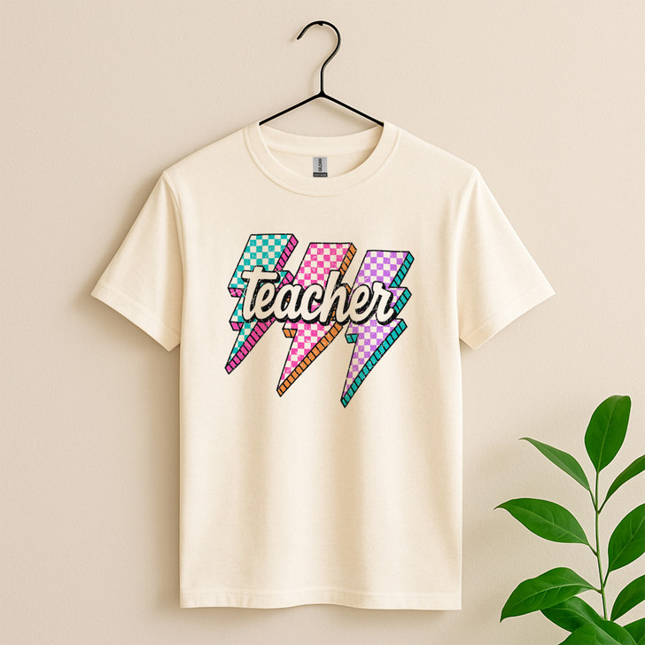 Retro Neon Teacher Checkered Back To School Shirt Adult T Shirt S-5XL