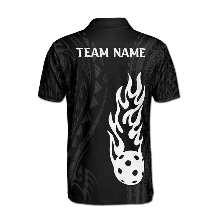 Customize Name Pickleball Paddle Flaming Tribal Pattern Black White 3D Men's Polo Shirt S-5XL