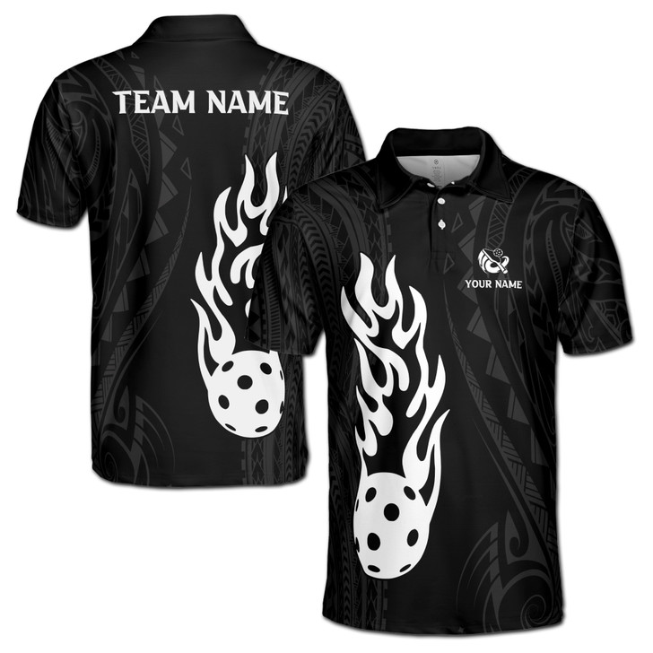 Customize Name Pickleball Paddle Flaming Tribal Pattern Black White 3D Men's Polo Shirt S-5XL