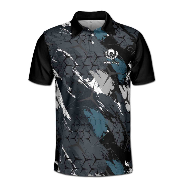 Custom Name Pickleball Paddle Wreath Grunge Black 3D Men's Polo Shirt S-5XL