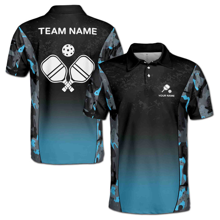 Custom Name Pickleball Paddle Camo Black Blue 3D Men's Polo Shirt S-5XL