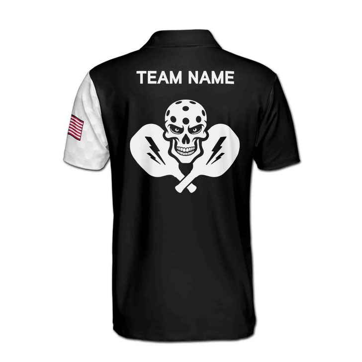 Custom Name Pickleball Skull Lightning USA Black White 3D Men's Polo Shirt S-5XL