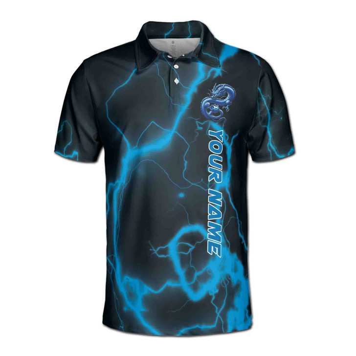 Custom Name Pickleball Eastern Dragon Black Blue 3D Men's Polo Shirt S-5XL