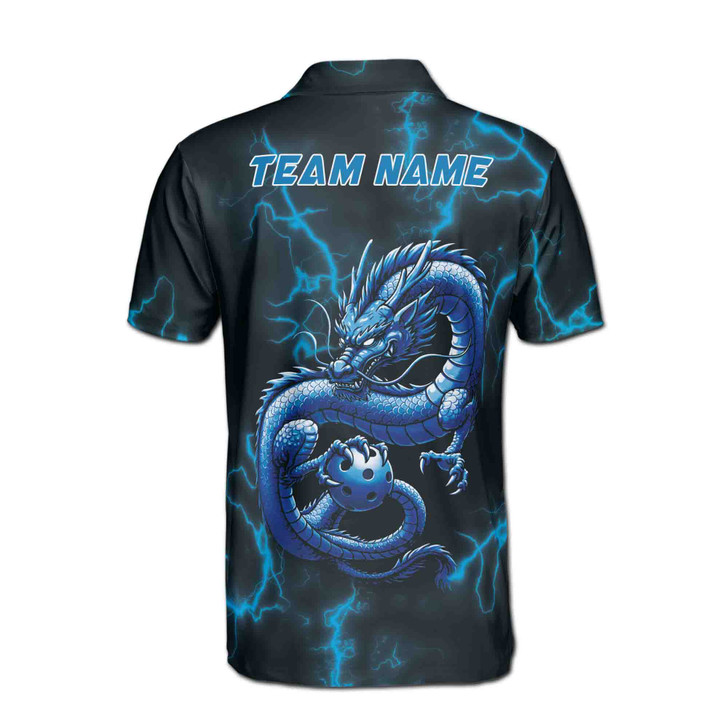 Custom Name Pickleball Eastern Dragon Black Blue 3D Men's Polo Shirt S-5XL