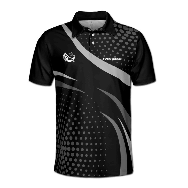 Custom Name Pickleball Paddle Dots Pattern Black White 3D Men's Polo Shirt S-5XL