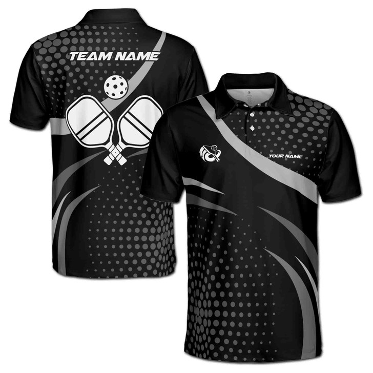 Custom Name Pickleball Paddle Dots Pattern Black White 3D Men's Polo Shirt S-5XL